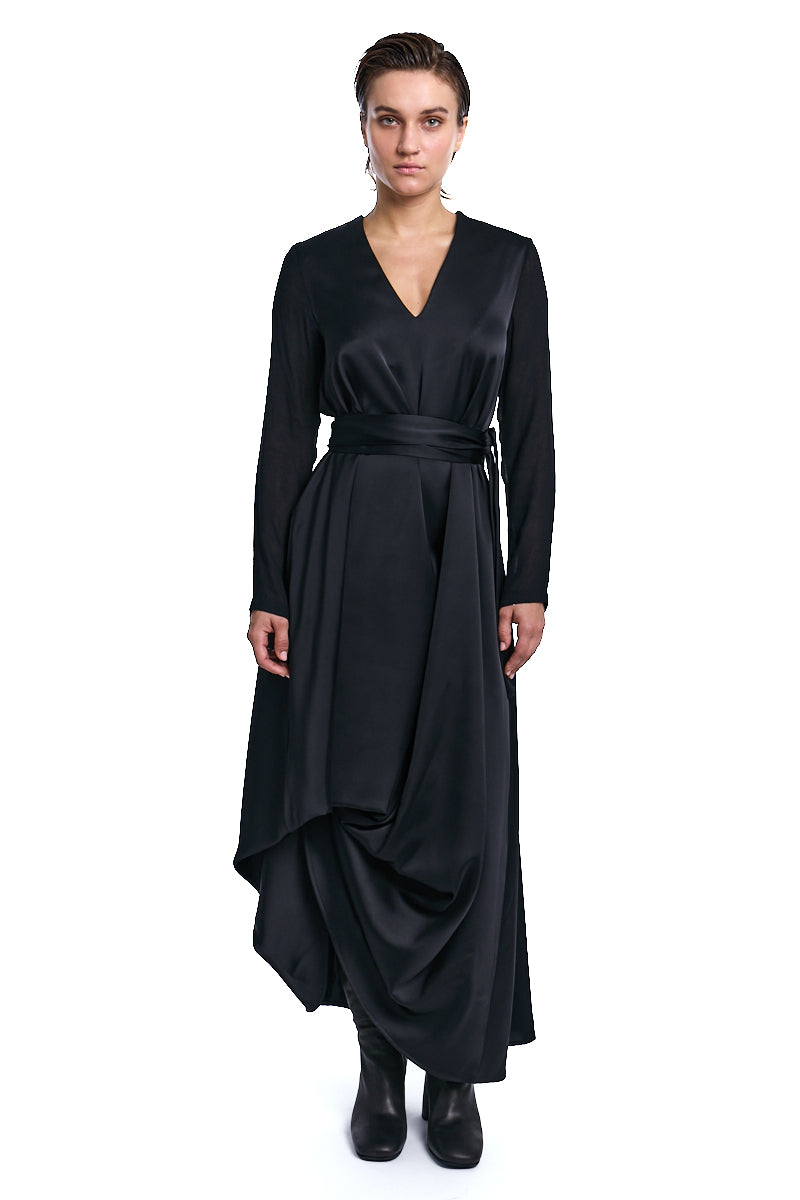 BLACK ASYMMETRIC SATIN GAUZE VISCOSE WOOL DRESS