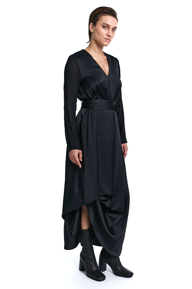 BLACK ASYMMETRIC SATIN GAUZE VISCOSE WOOL DRESS