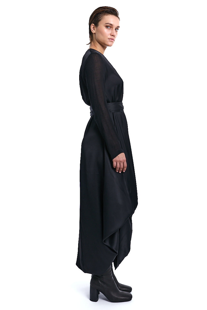 BLACK ASYMMETRIC SATIN GAUZE VISCOSE WOOL DRESS