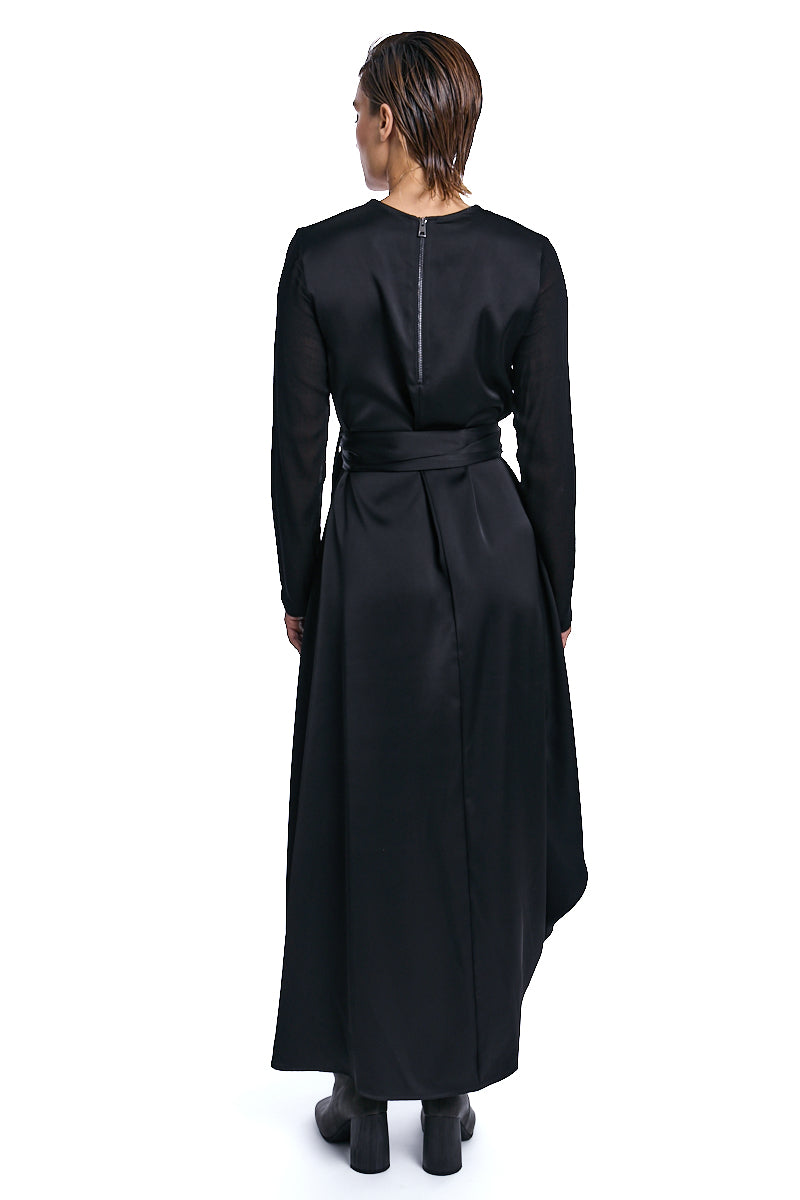 BLACK ASYMMETRIC SATIN GAUZE VISCOSE WOOL DRESS