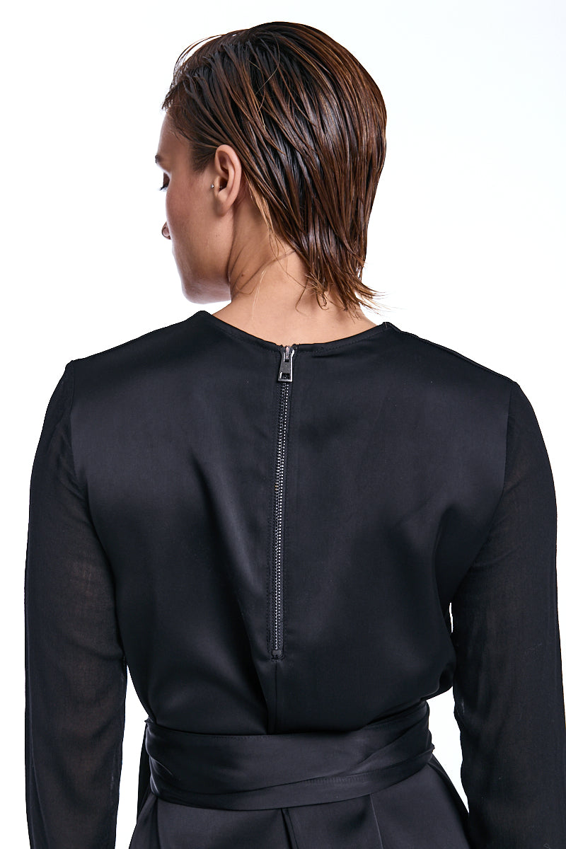 BLACK ASYMMETRIC SATIN GAUZE VISCOSE WOOL DRESS