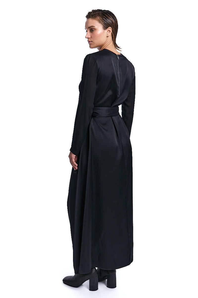 BLACK ASYMMETRIC SATIN GAUZE VISCOSE WOOL DRESS