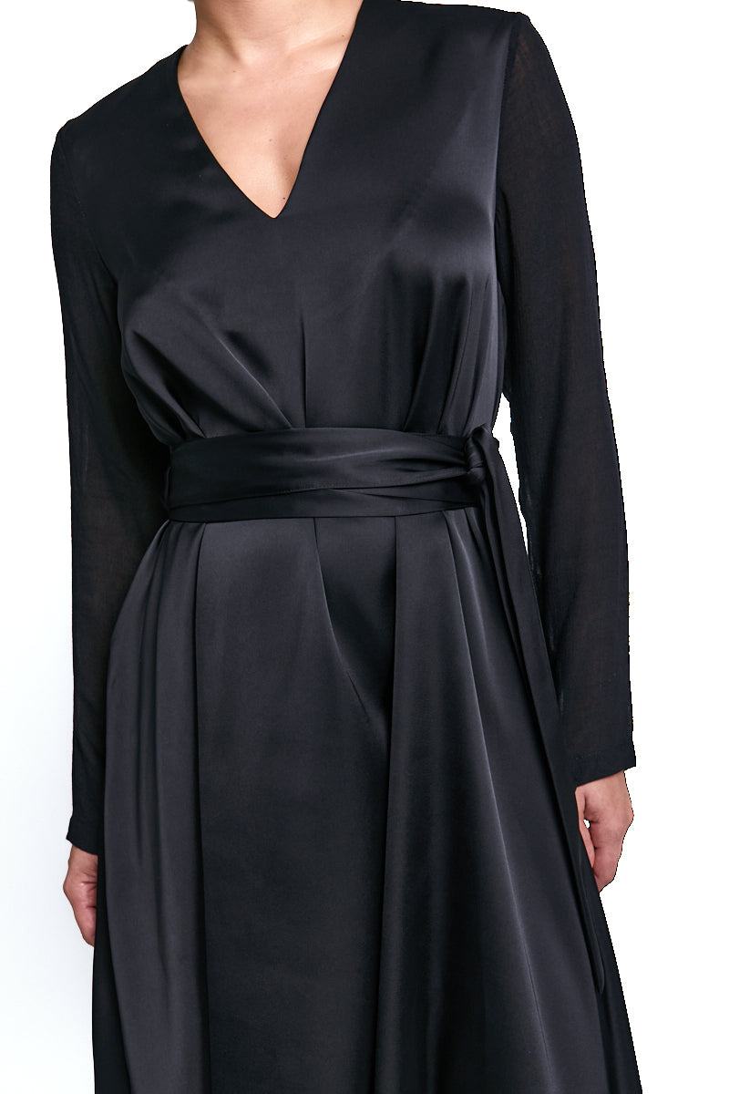 BLACK ASYMMETRIC SATIN GAUZE VISCOSE WOOL DRESS