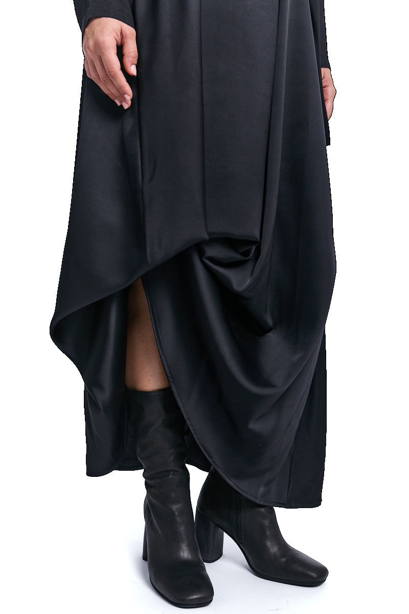 BLACK ASYMMETRIC SATIN GAUZE VISCOSE WOOL DRESS