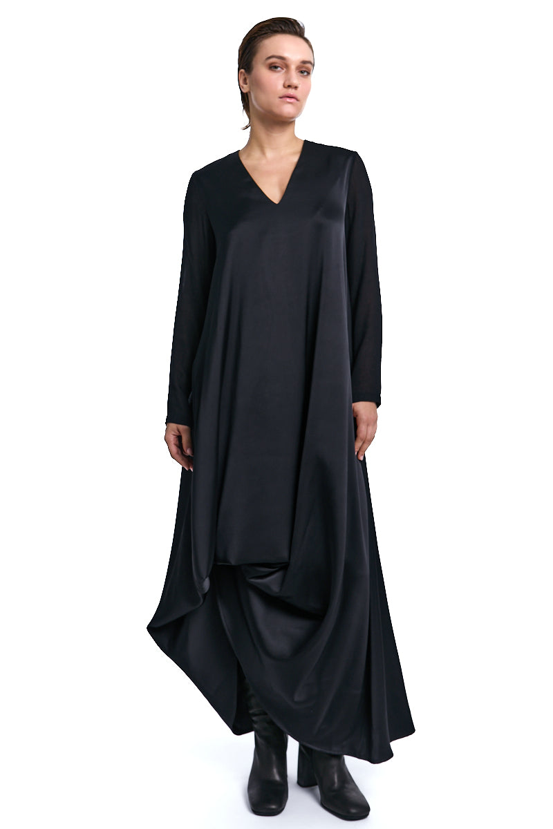 BLACK ASYMMETRIC SATIN GAUZE VISCOSE WOOL DRESS