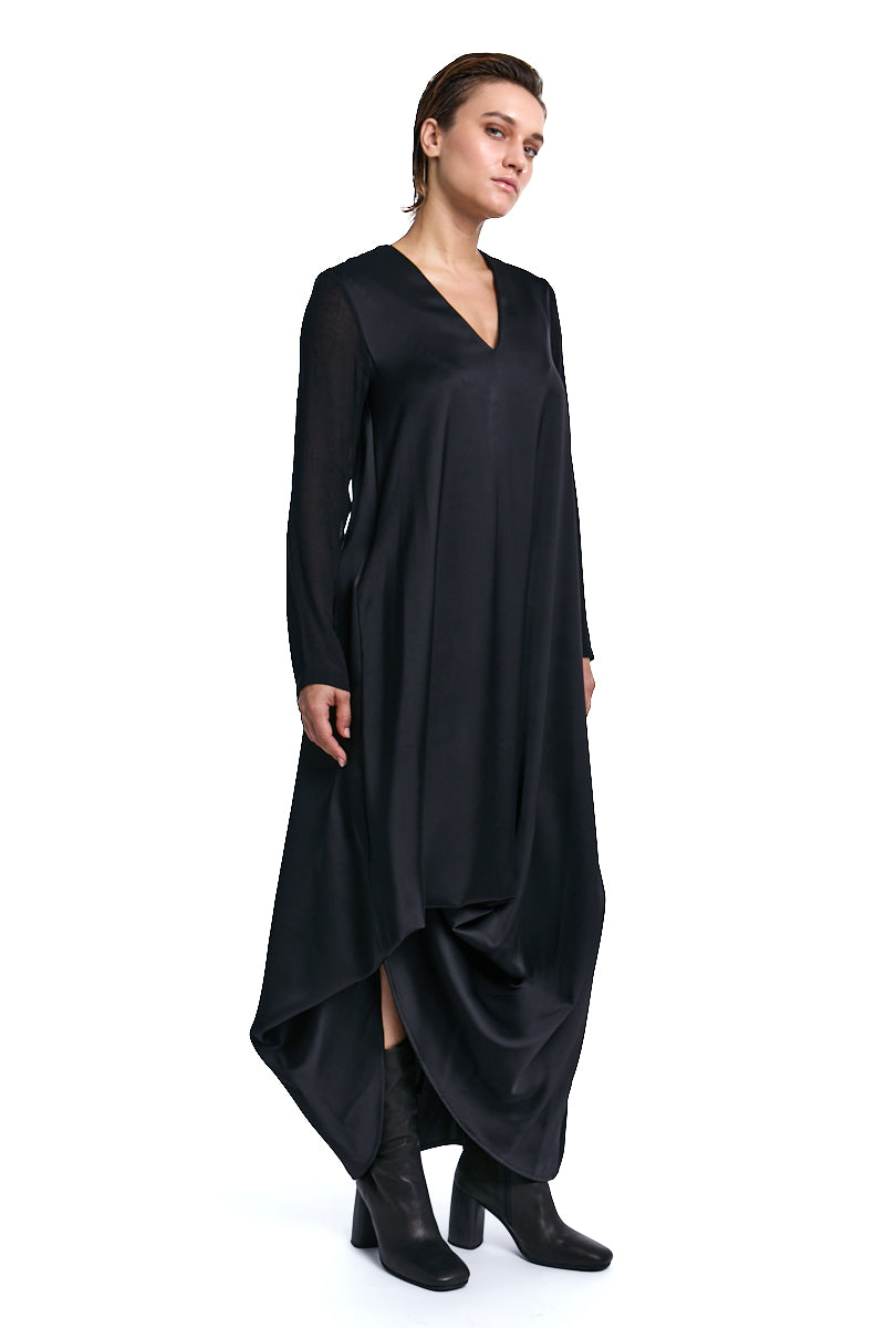 BLACK ASYMMETRIC SATIN GAUZE VISCOSE WOOL DRESS
