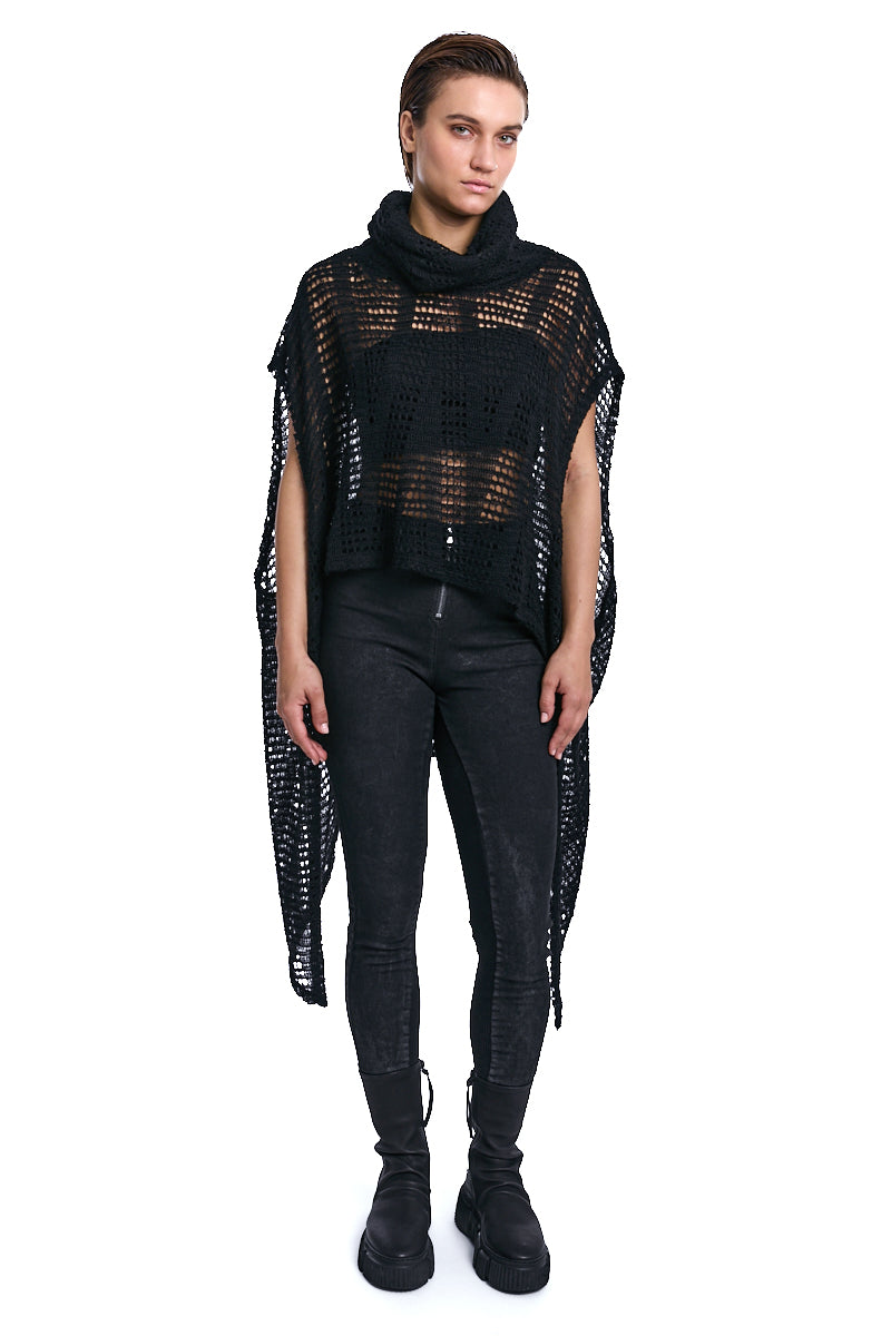 BLACK ASYMMETRICAL MOHAIR BLEND MESH MAXI SWEATER