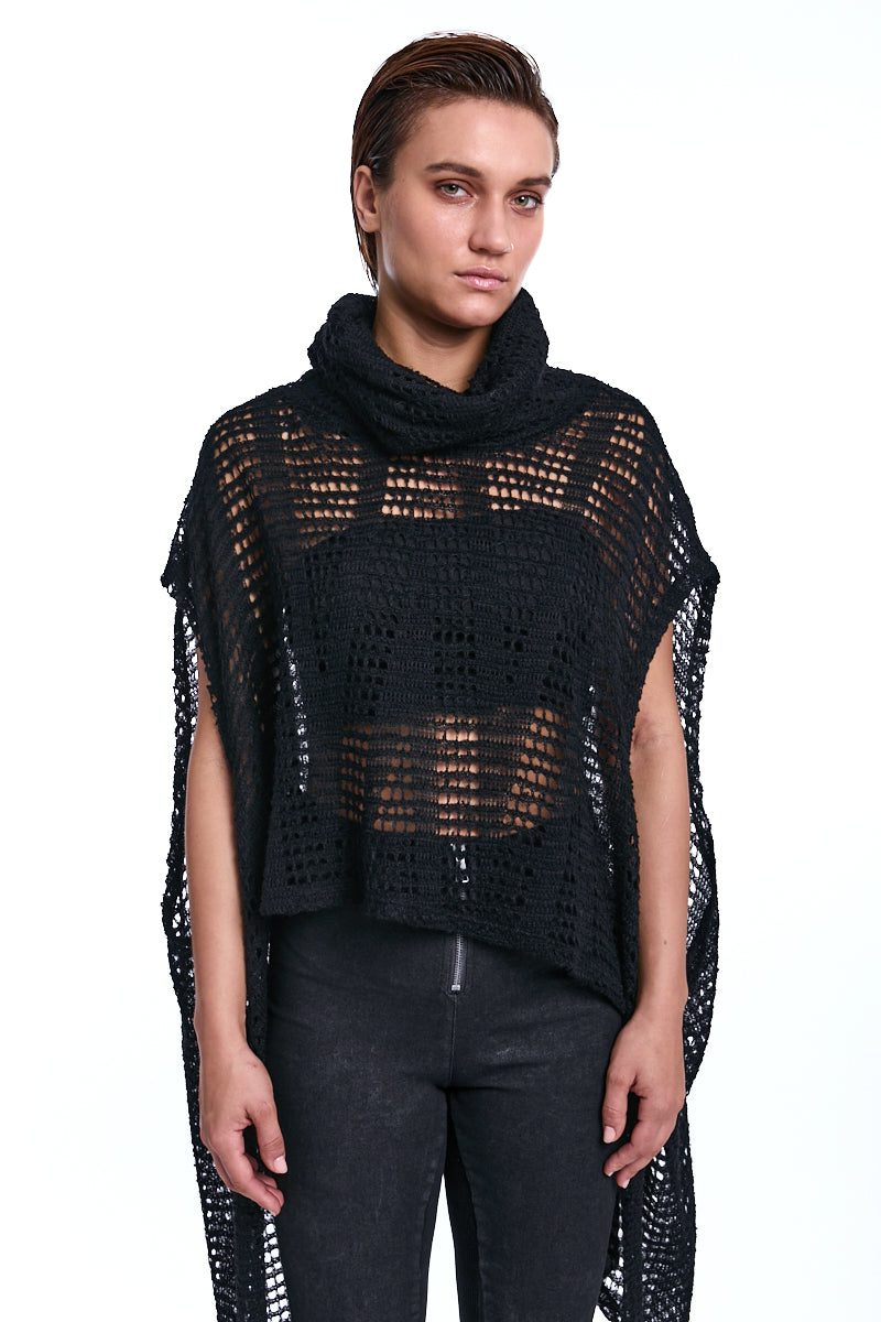 BLACK ASYMMETRICAL MOHAIR BLEND MESH MAXI SWEATER