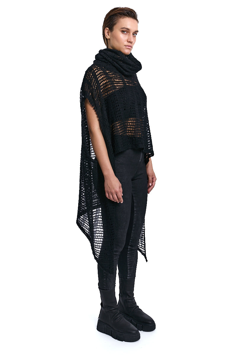 BLACK ASYMMETRICAL MOHAIR BLEND MESH MAXI SWEATER