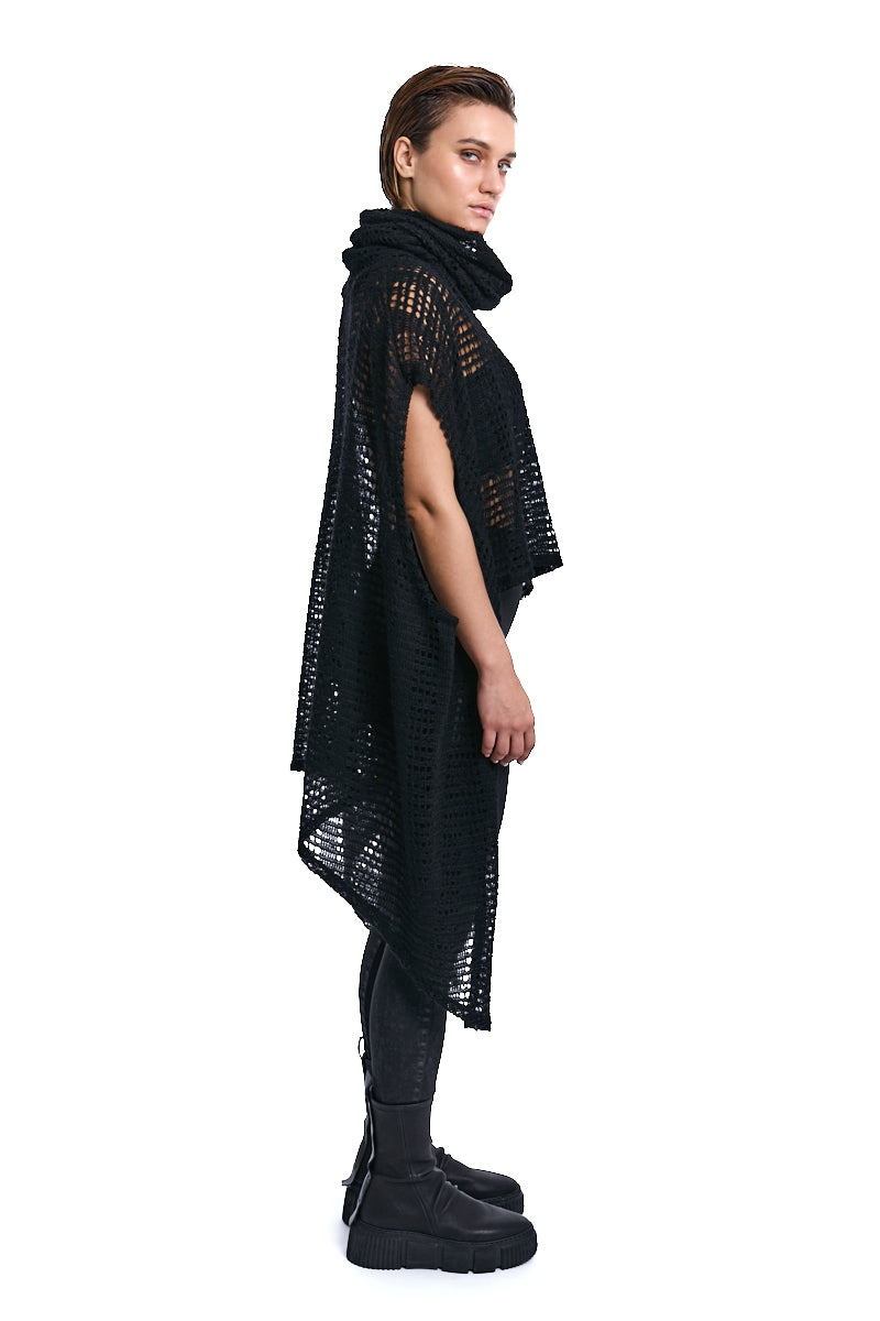 BLACK ASYMMETRICAL MOHAIR BLEND MESH MAXI SWEATER