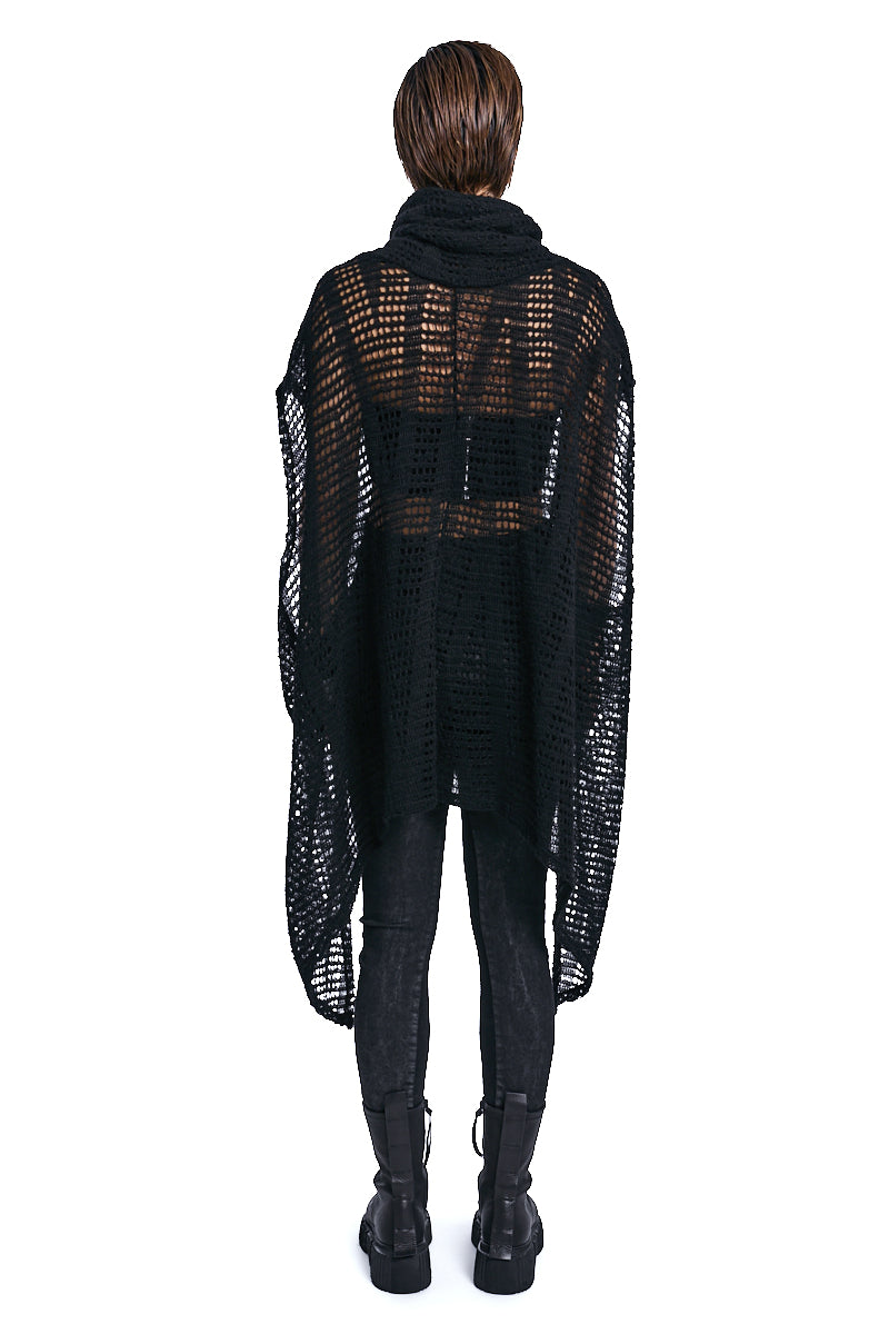 BLACK ASYMMETRICAL MOHAIR BLEND MESH MAXI SWEATER