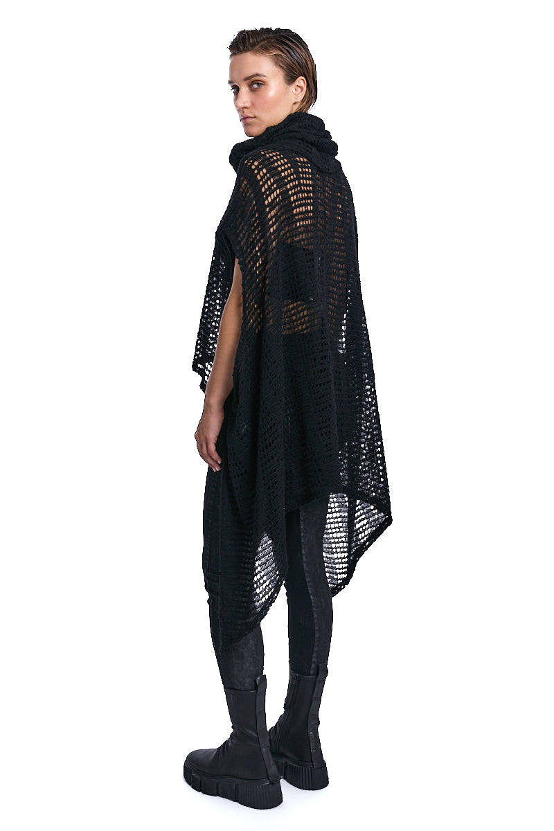 BLACK ASYMMETRICAL MOHAIR BLEND MESH MAXI SWEATER