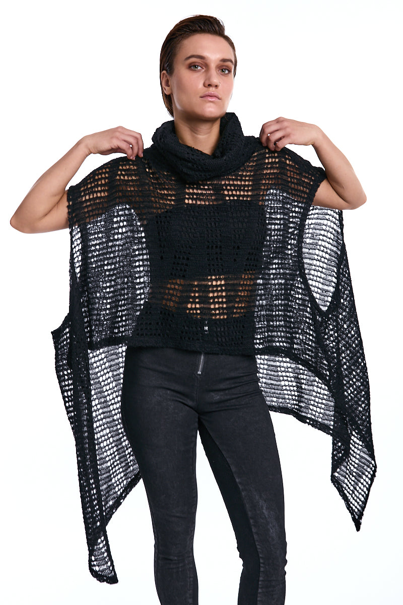 BLACK ASYMMETRICAL MOHAIR BLEND MESH MAXI SWEATER
