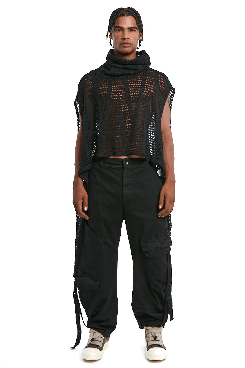 BLACK ASYMMETRICAL MOHAIR BLEND MESH MAXI SWEATER