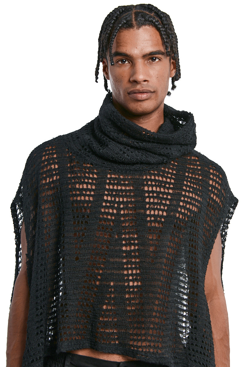 BLACK ASYMMETRICAL MOHAIR BLEND MESH MAXI SWEATER