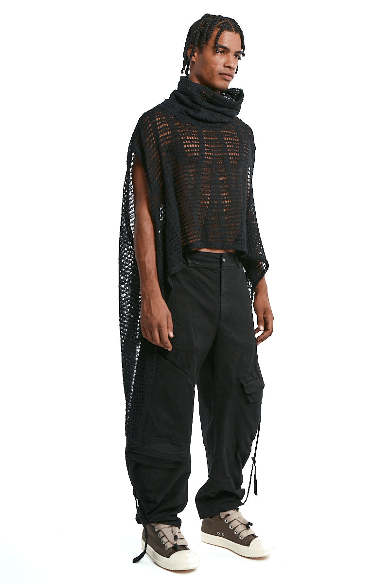 BLACK ASYMMETRICAL MOHAIR BLEND MESH MAXI SWEATER