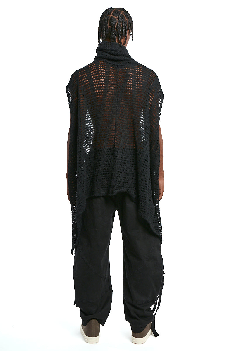 BLACK ASYMMETRICAL MOHAIR BLEND MESH MAXI SWEATER