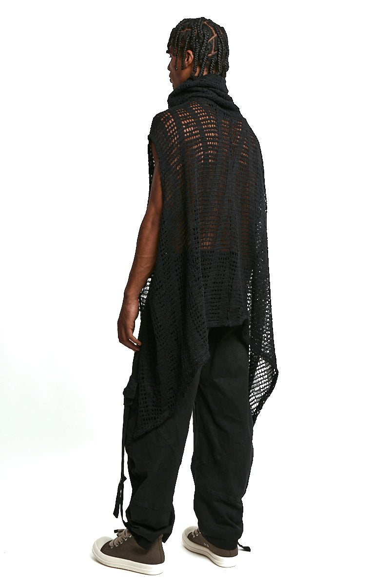 BLACK ASYMMETRICAL MOHAIR BLEND MESH MAXI SWEATER