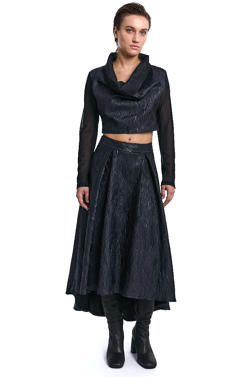 CRUMPLED BLACK LONG ASYMMETRIC JACQUARD SKIRT