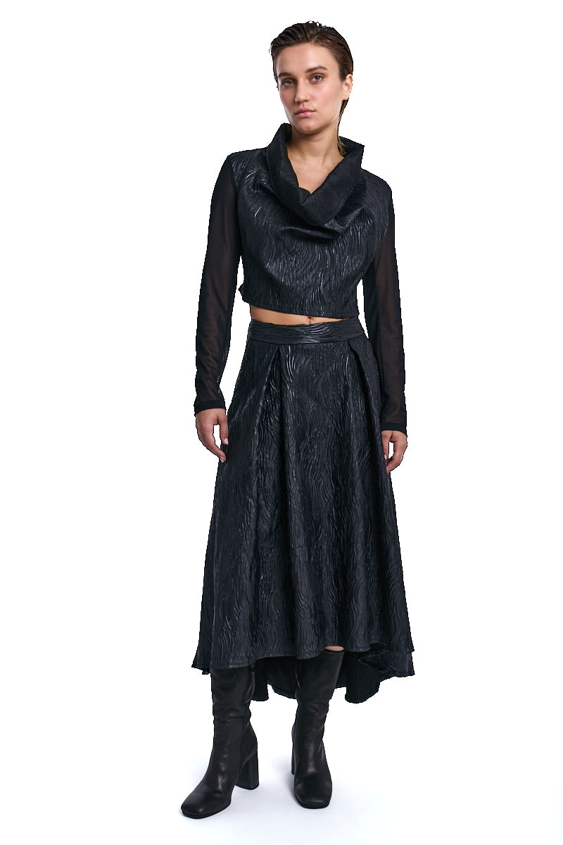 BLACK CROPPED JACQUARD &amp; STRETCH TULLE TOP