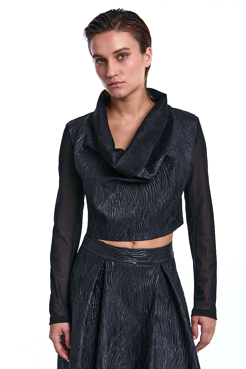BLACK CROPPED JACQUARD & STRETCH TULLE TOP