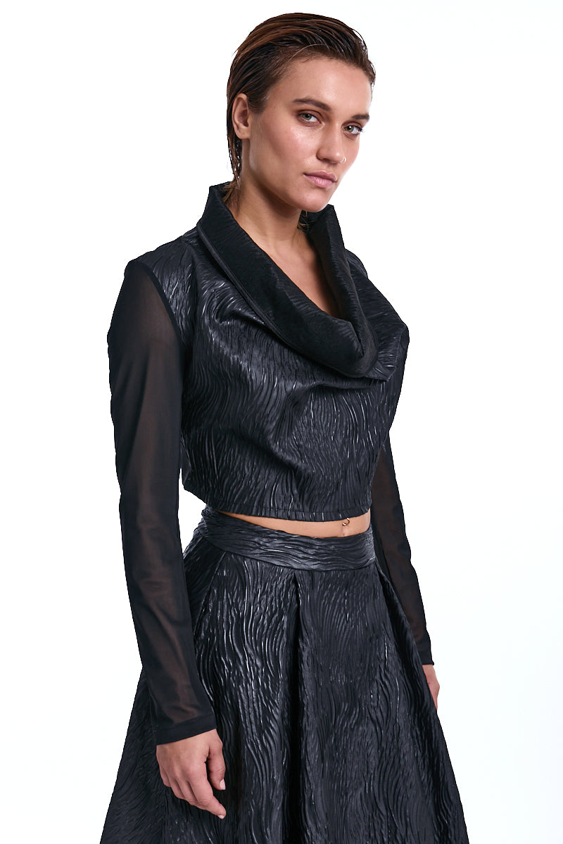 BLACK CROPPED JACQUARD &amp; STRETCH TULLE TOP