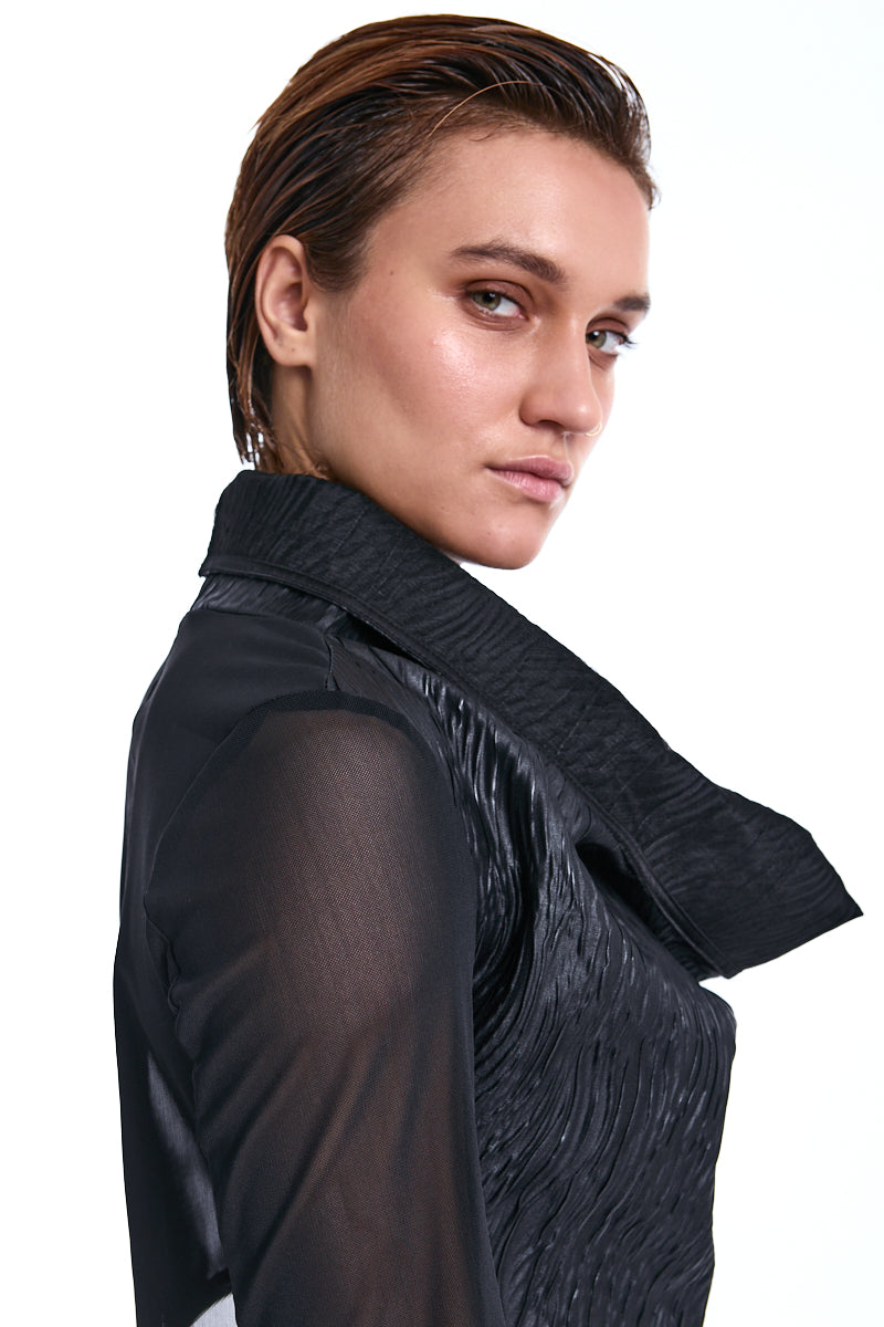 BLACK CROPPED JACQUARD &amp; STRETCH TULLE TOP