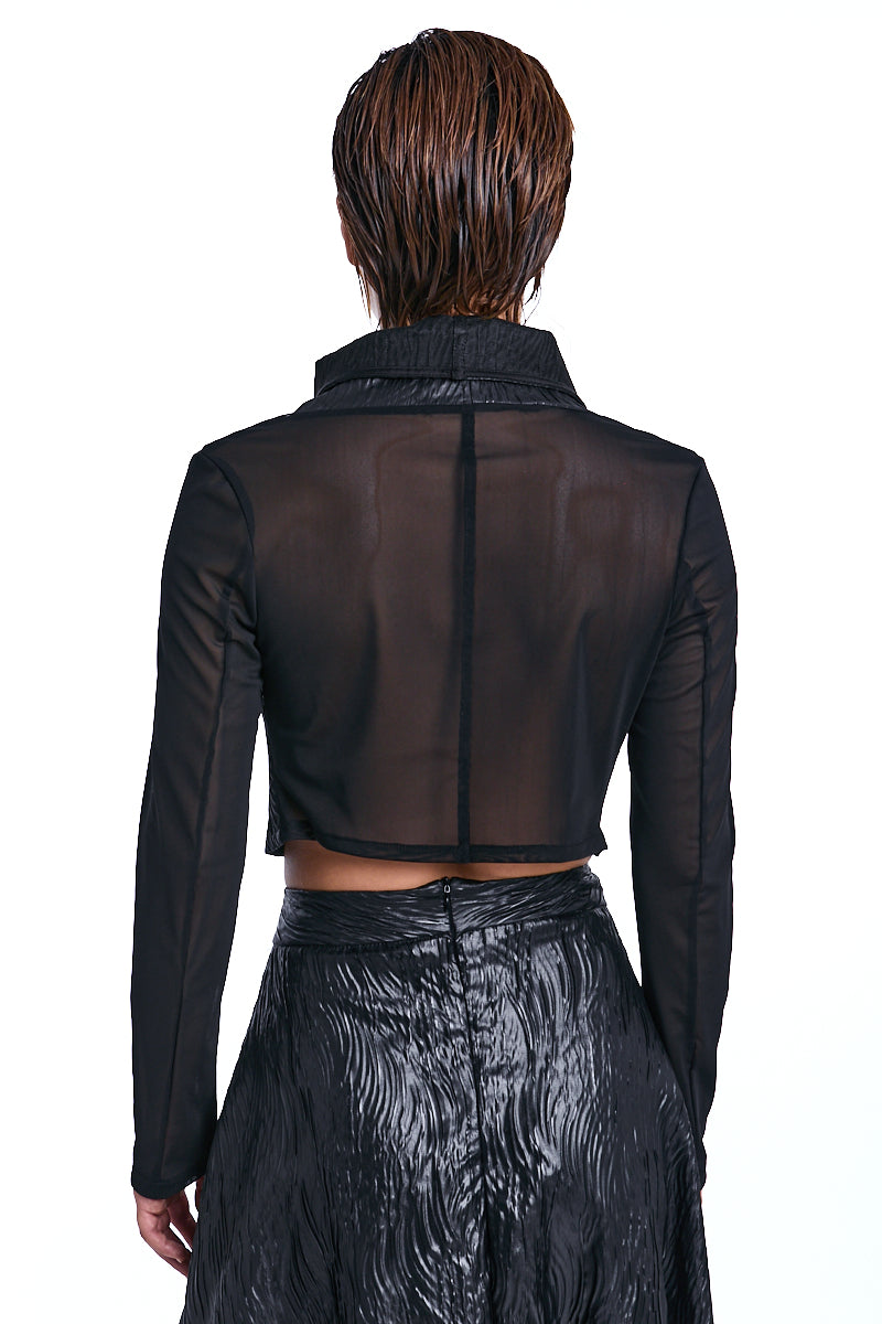 BLACK CROPPED JACQUARD &amp; STRETCH TULLE TOP