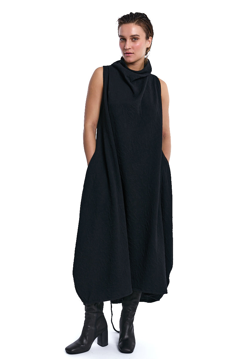 BLACK EMBOSSED FLEECE DRESS