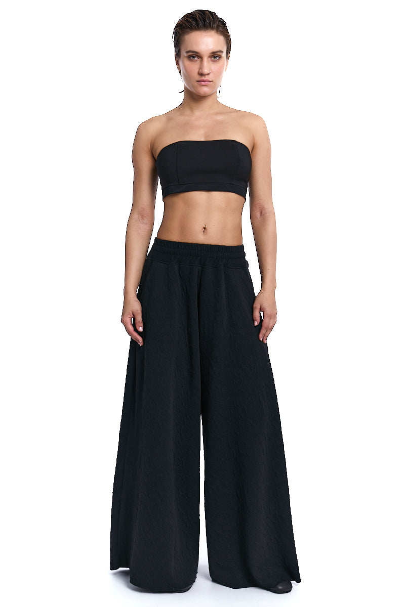 BLACK PALAZZO EMBOSSED FLEECE TROUSERS
