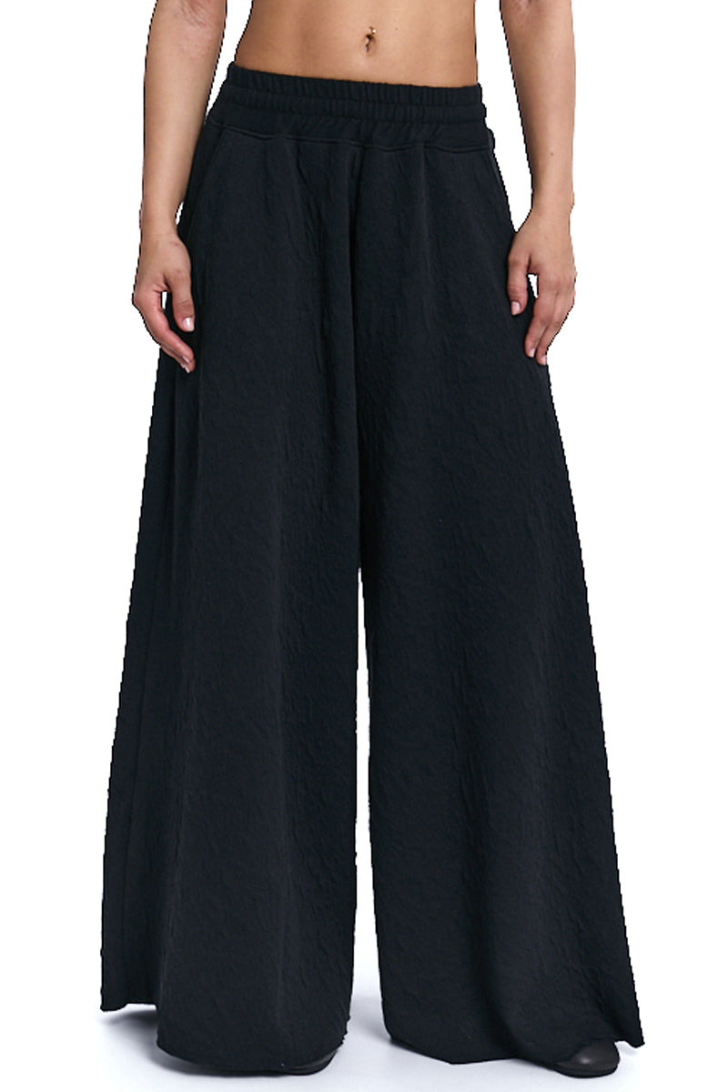 BLACK PALAZZO EMBOSSED FLEECE TROUSERS