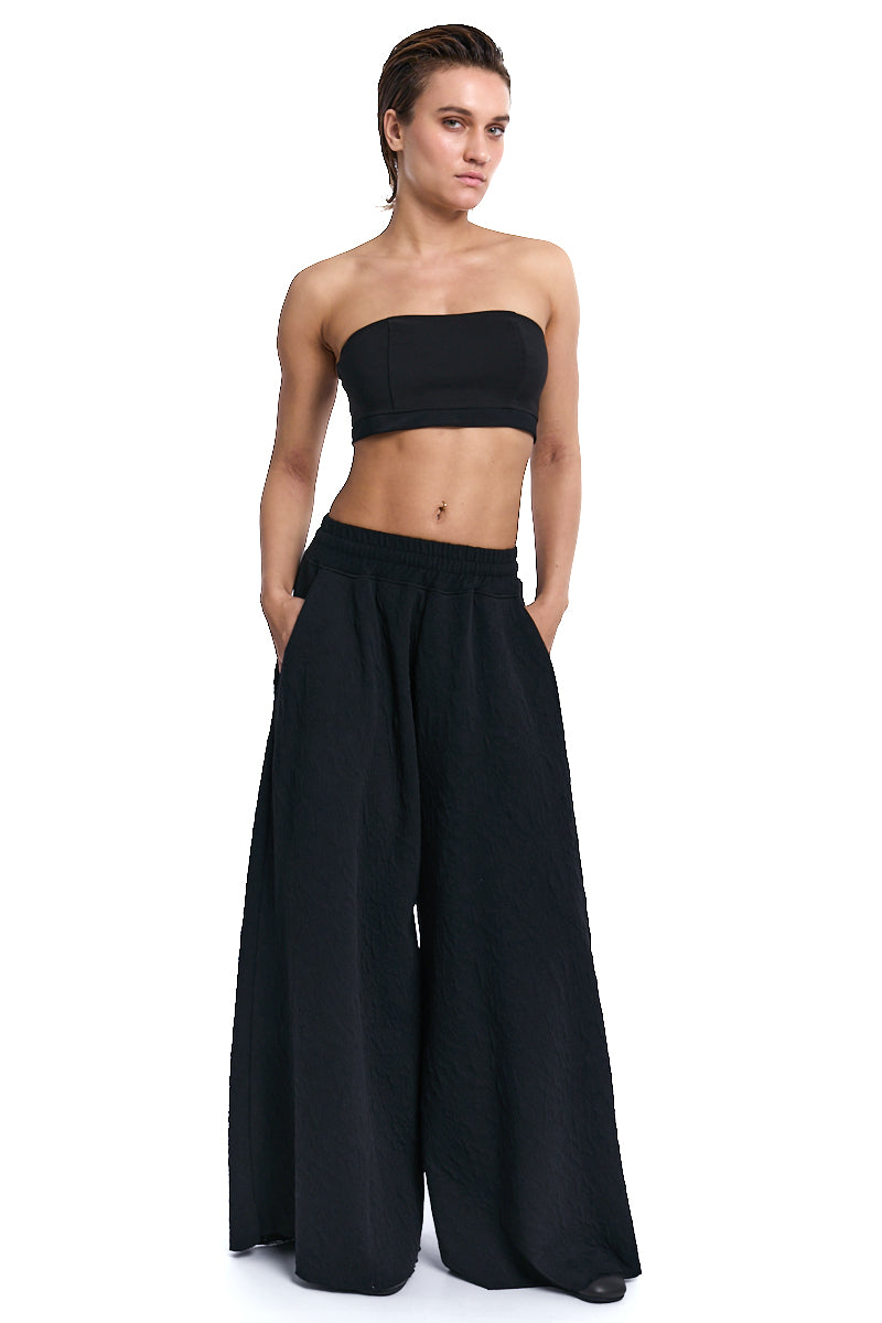 BLACK PALAZZO EMBOSSED FLEECE TROUSERS