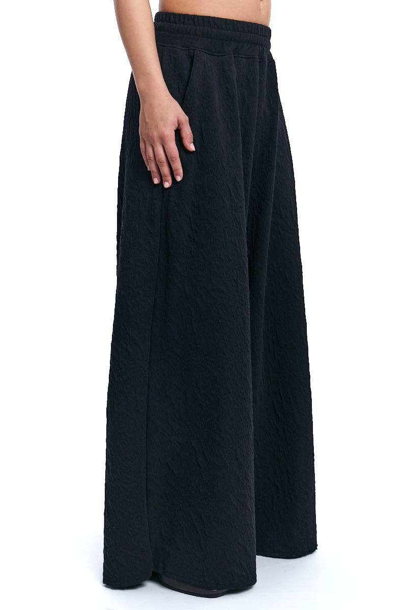 BLACK PALAZZO EMBOSSED FLEECE TROUSERS