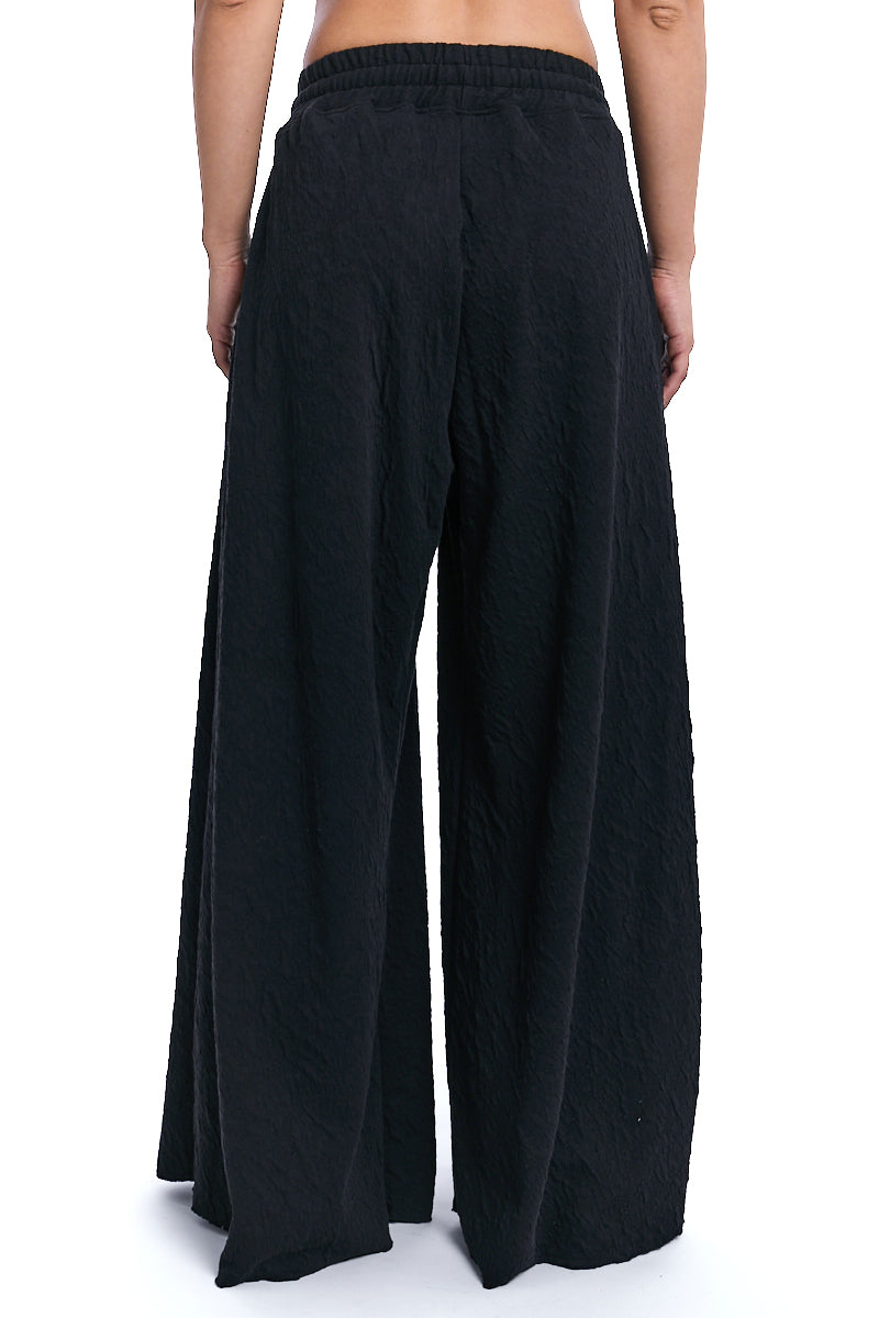 BLACK PALAZZO EMBOSSED FLEECE TROUSERS