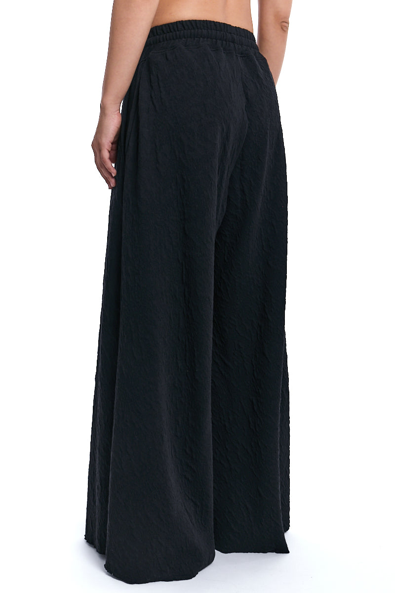 BLACK PALAZZO EMBOSSED FLEECE TROUSERS