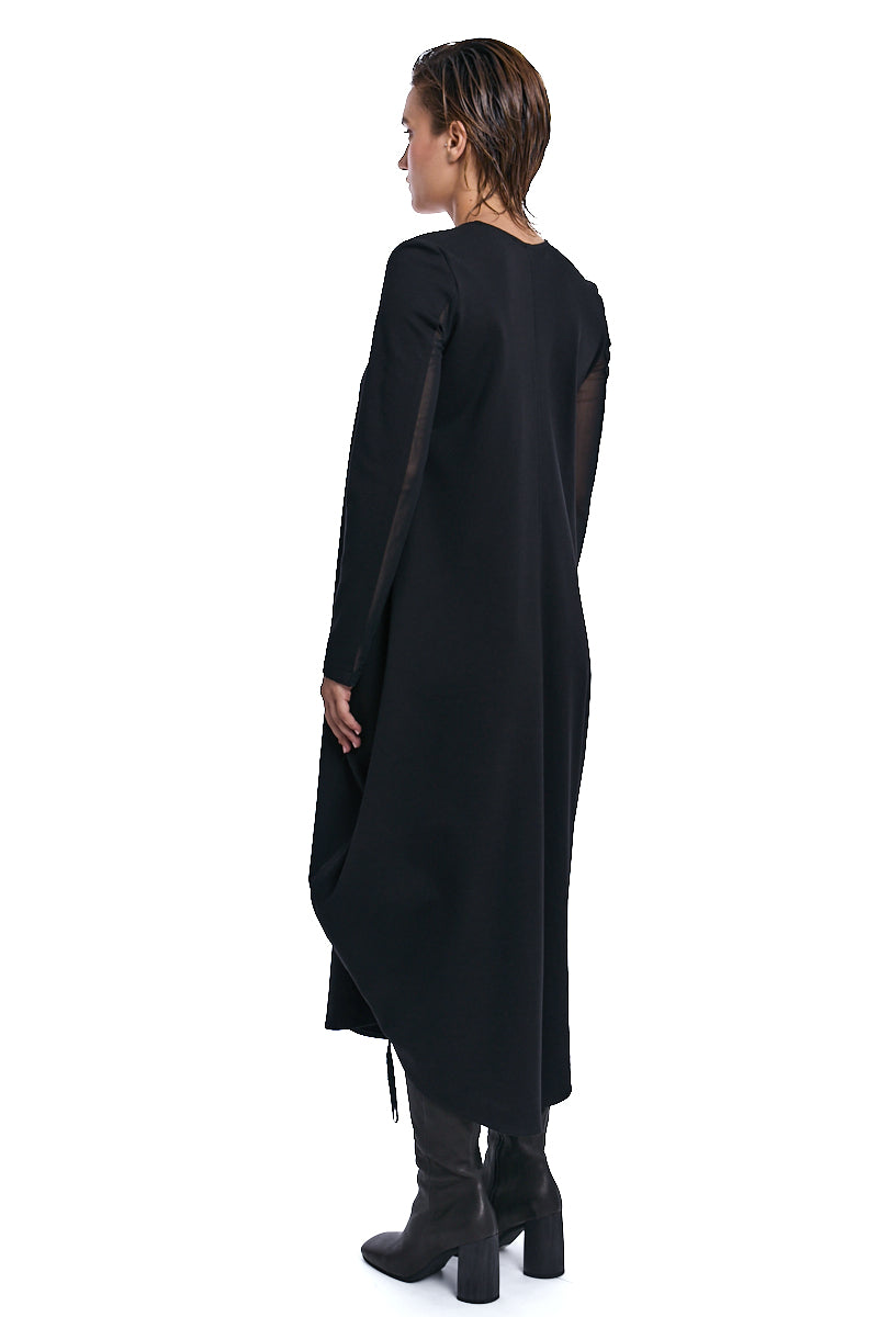BLACK PUNTO MILANO &amp; TULLE STRETCH DRESS