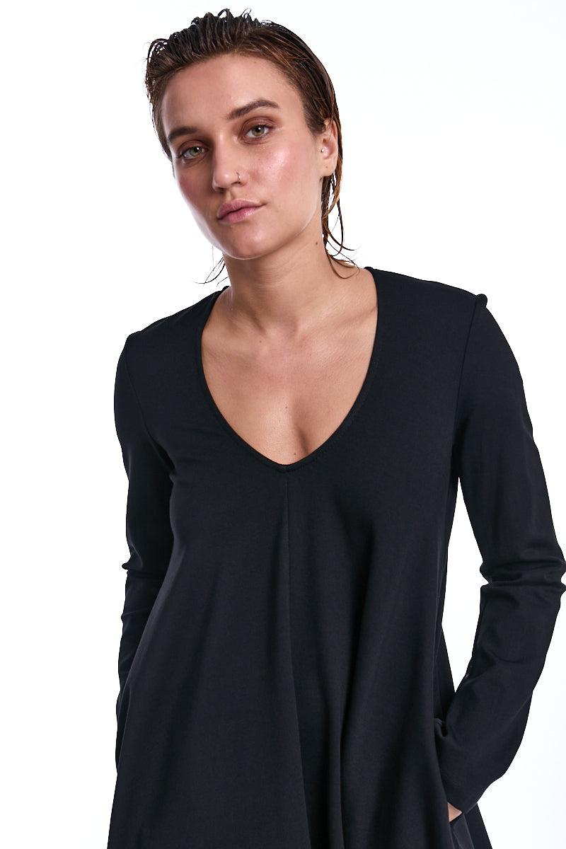 BLACK PUNTO MILANO &amp; TULLE STRETCH DRESS