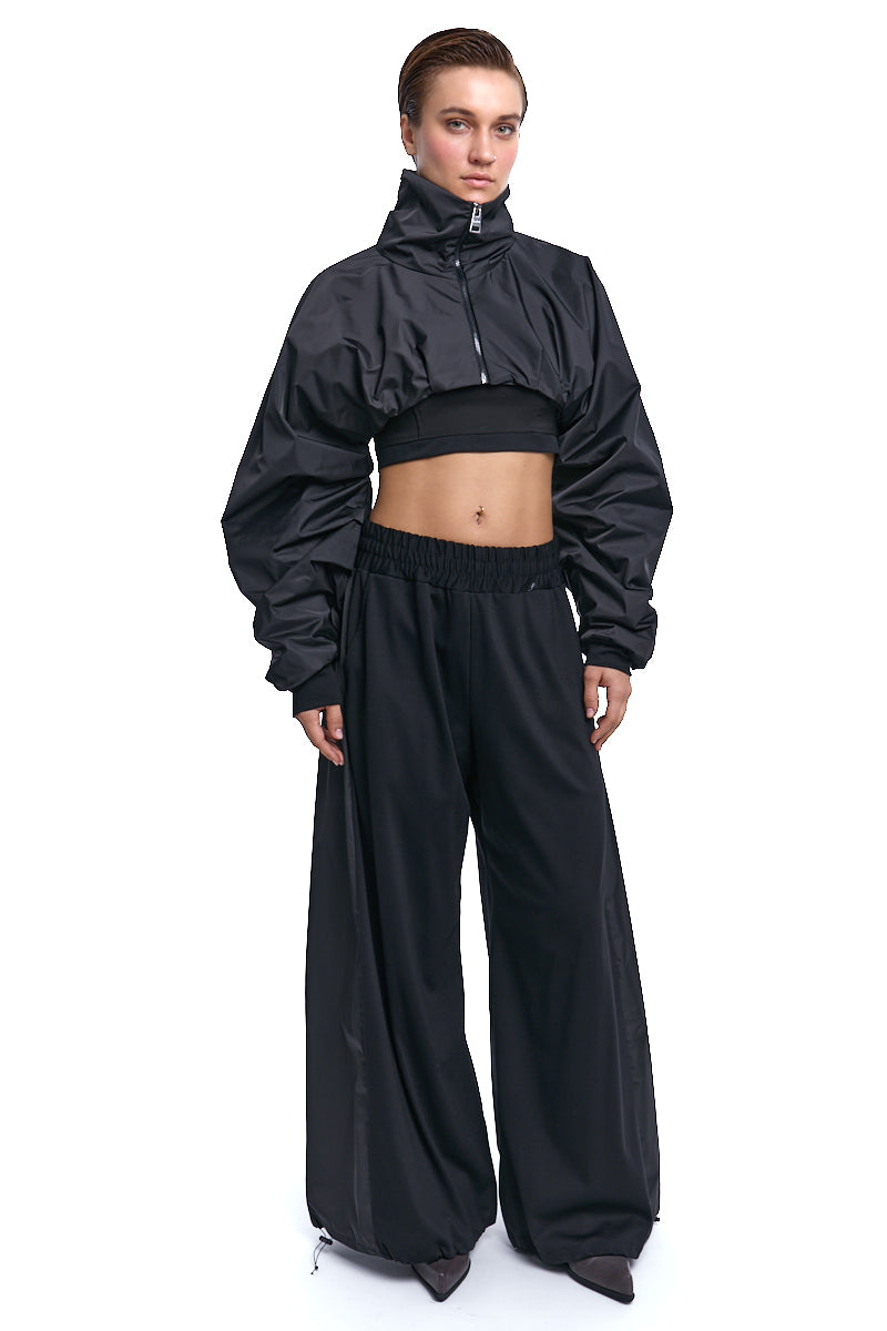 BLACK CROPPED ZIP JACKET WITH OVERSIZED SLEEVES