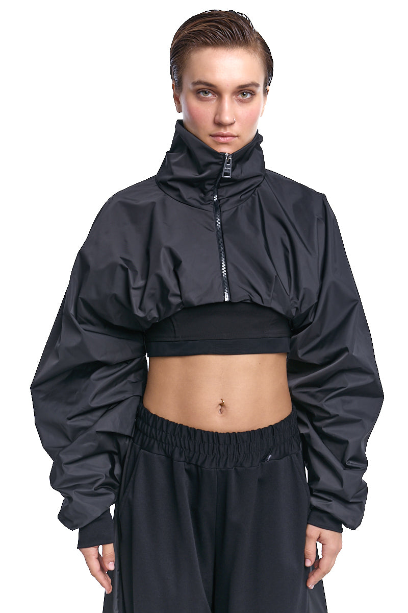 BLACK CROPPED ZIP JACKET WITH OVERSIZED SLEEVES
