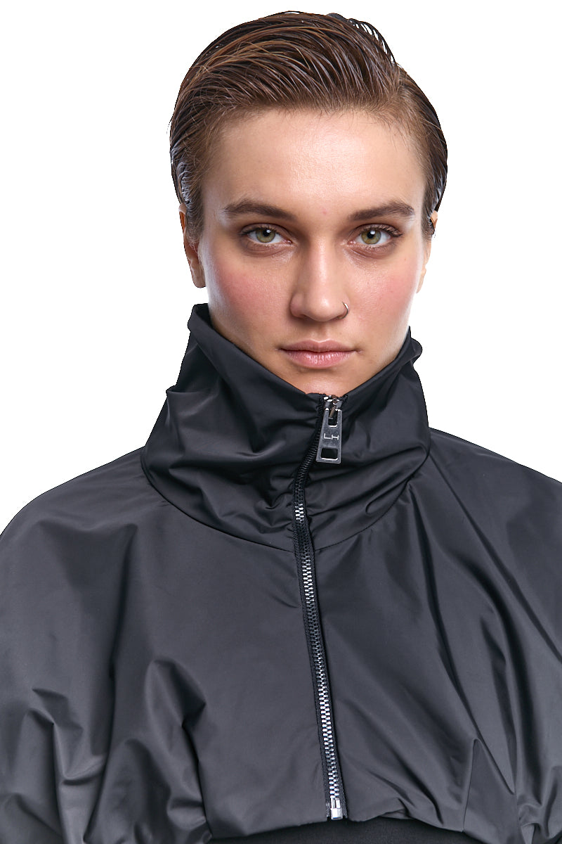 BLACK CROPPED ZIP JACKET WITH OVERSIZED SLEEVES