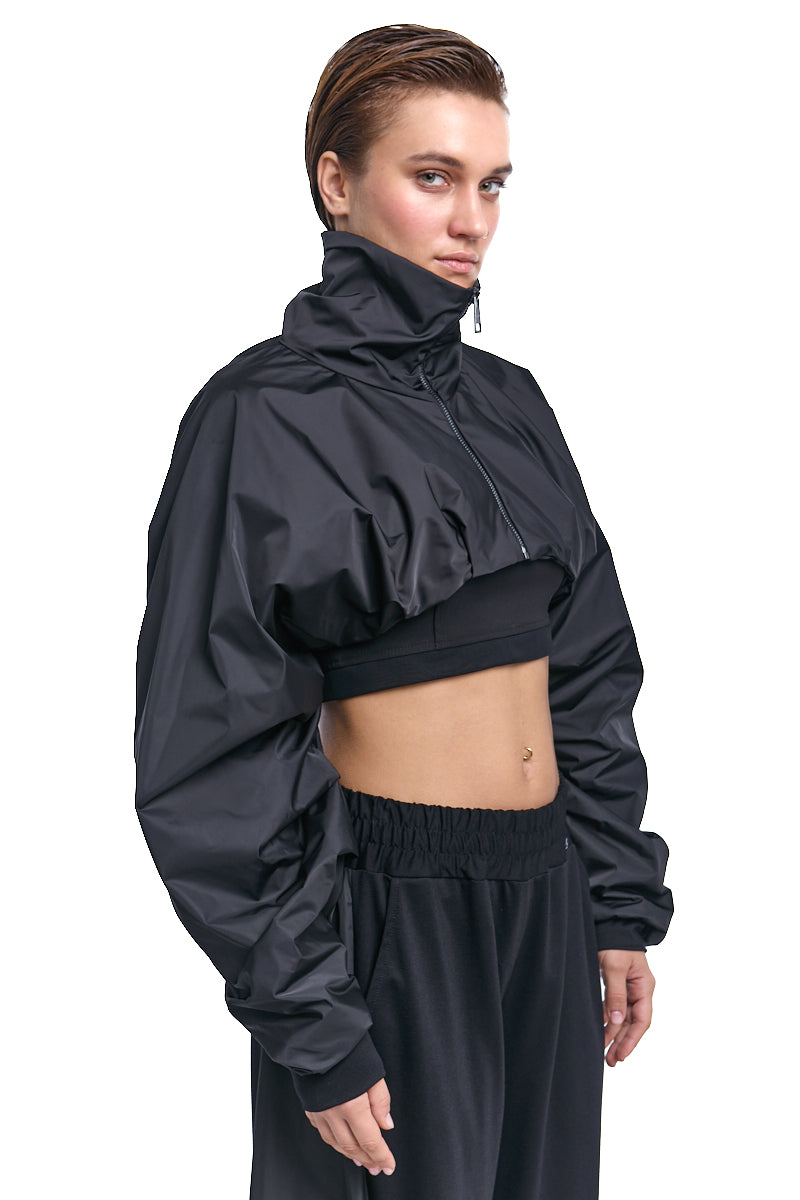 BLACK CROPPED ZIP JACKET WITH OVERSIZED SLEEVES