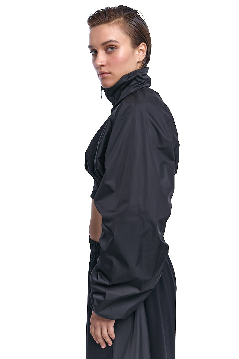 BLACK CROPPED ZIP JACKET WITH OVERSIZED SLEEVES