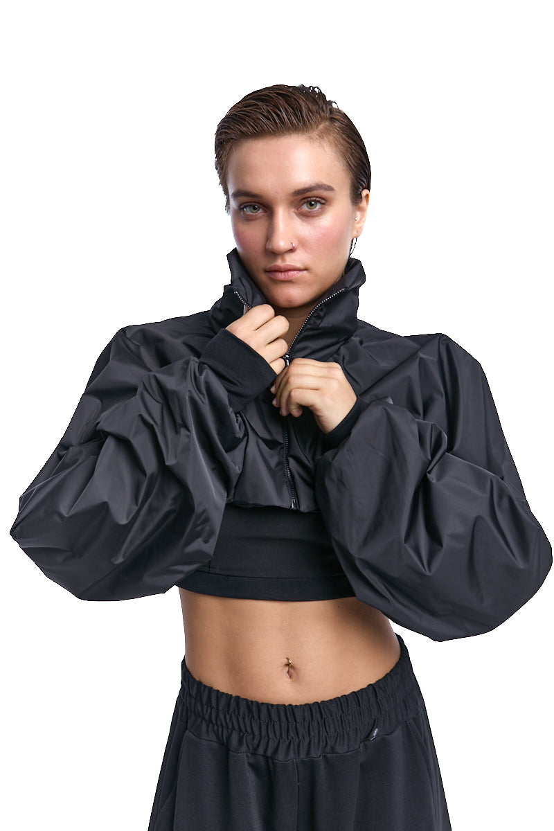 BLACK CROPPED ZIP JACKET WITH OVERSIZED SLEEVES