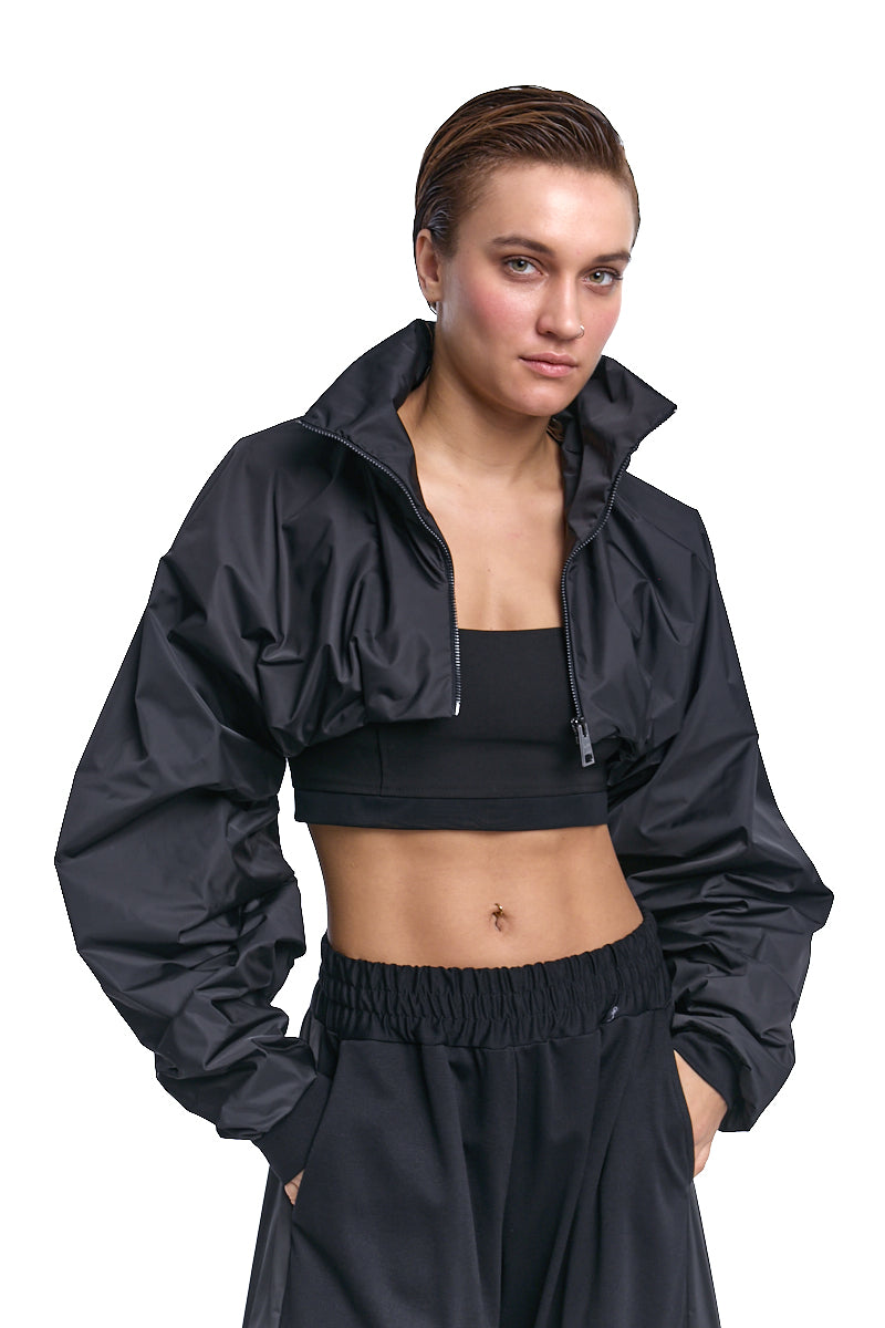 BLACK CROPPED ZIP JACKET WITH OVERSIZED SLEEVES