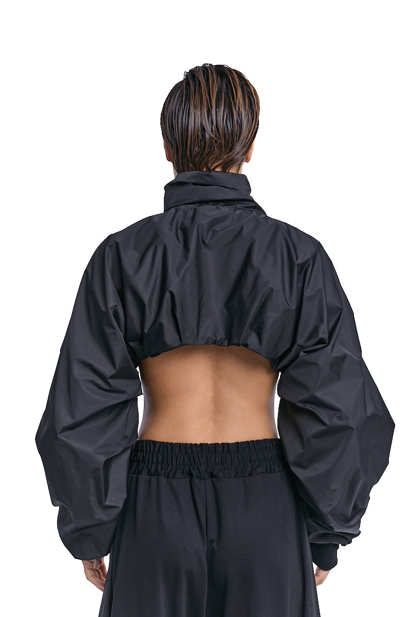 BLACK CROPPED ZIP JACKET WITH OVERSIZED SLEEVES