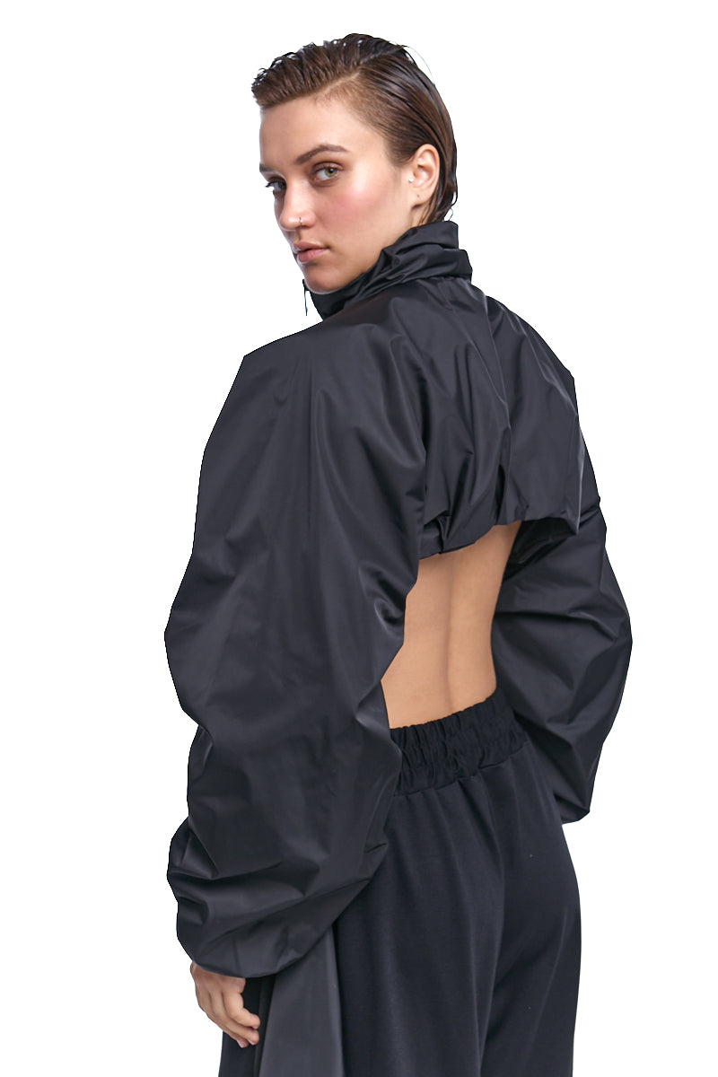 BLACK CROPPED ZIP JACKET WITH OVERSIZED SLEEVES