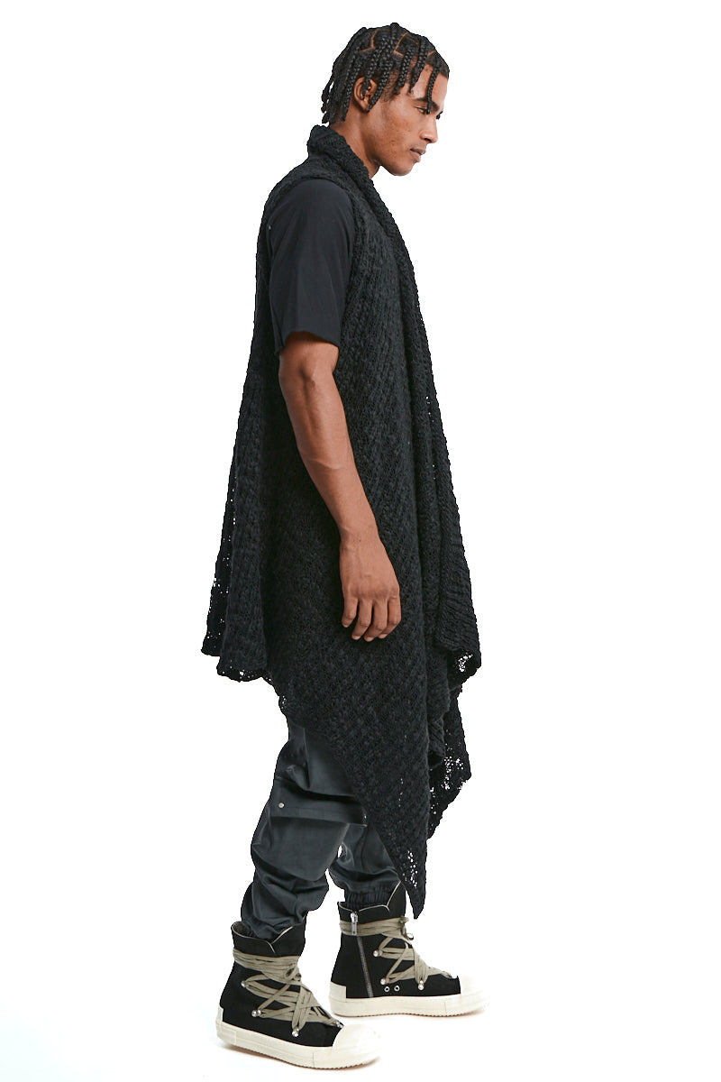BLACK ASYMMETRICAL WOOL-BLEND BRAIDED BOUCLÉ GILET
