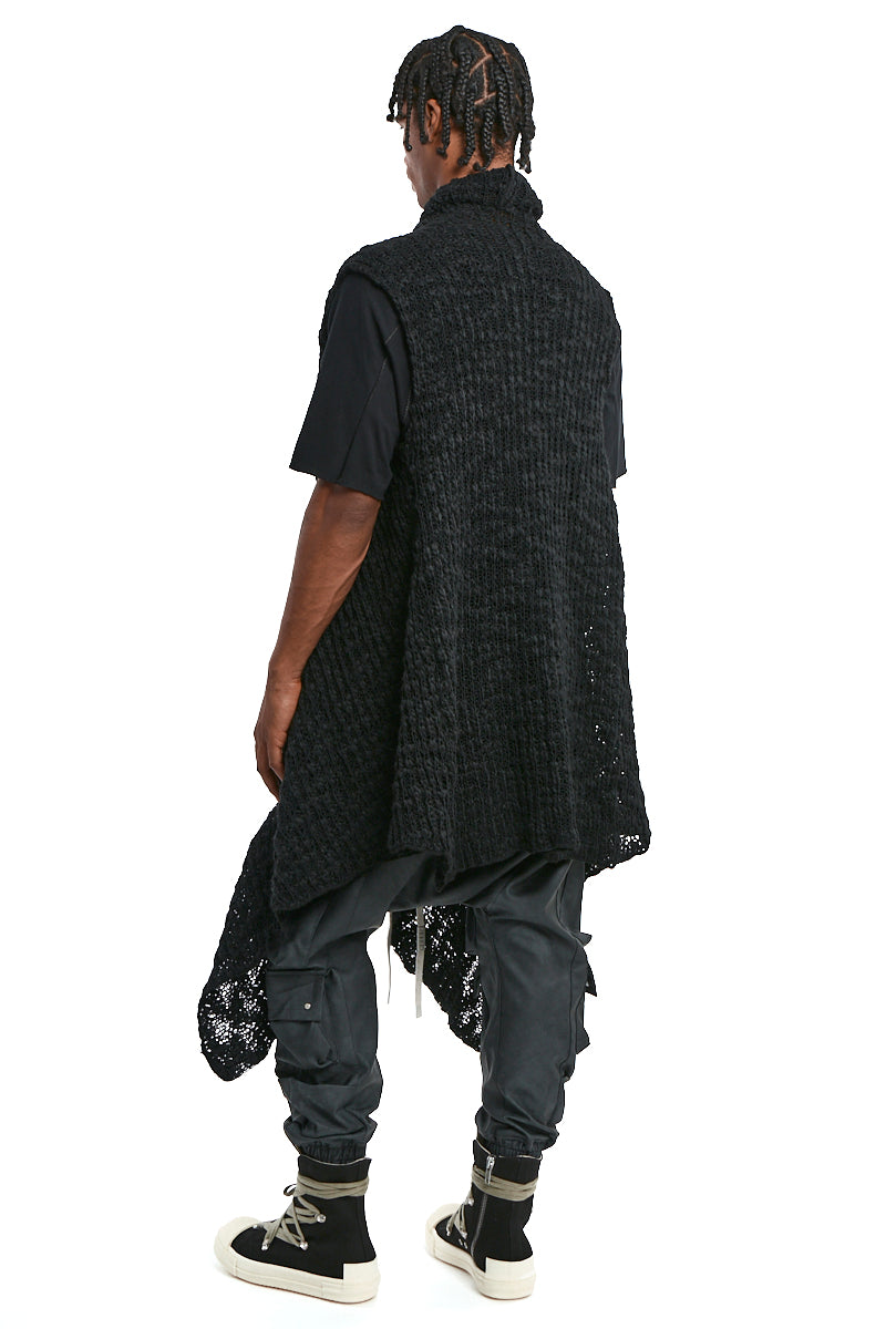 BLACK ASYMMETRICAL WOOL-BLEND BRAIDED BOUCLÉ GILET