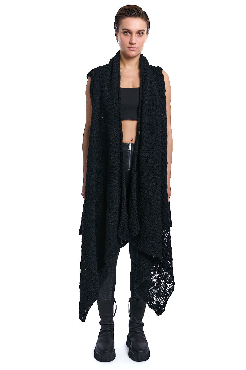 BLACK ASYMMETRICAL WOOL-BLEND BRAIDED BOUCLÉ GILET