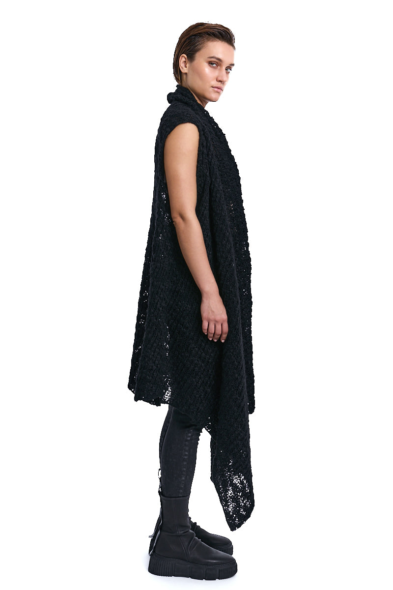 BLACK ASYMMETRICAL WOOL-BLEND BRAIDED BOUCLÉ GILET